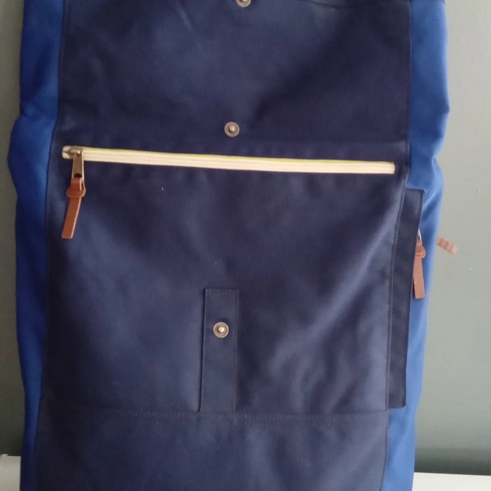 Penguin Backpack Blue Canvas Leather Trim Roll‎ Top Adjustable Straps
